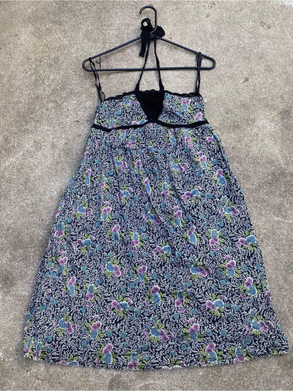 Free People Y2K Floral Halter Babydoll Dress Black Lace Trim Fairycore Sz 2